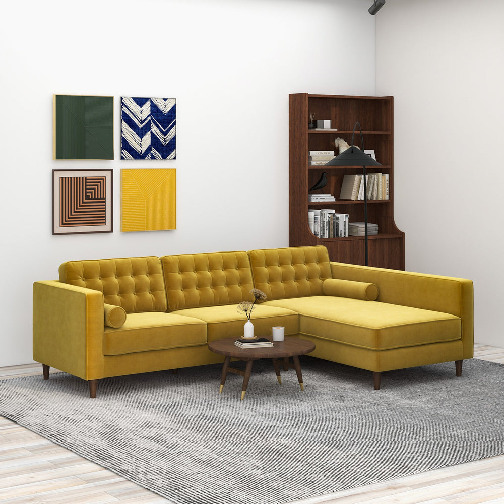 Christian Dark Yellow Velvet Sectional Sofa Right Facing with Background