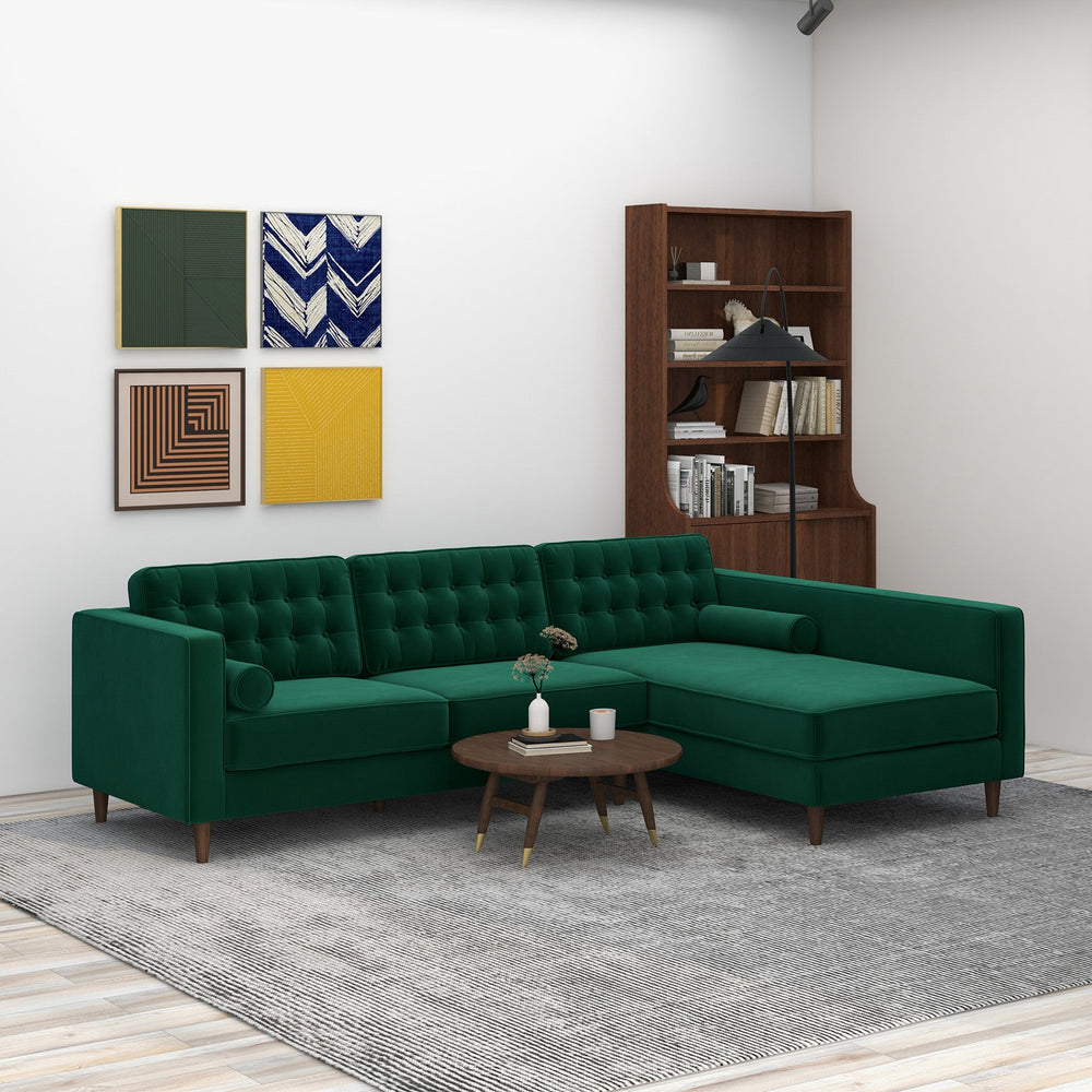 Christian Green Velvet Sectional Sofa Right Facing with Background