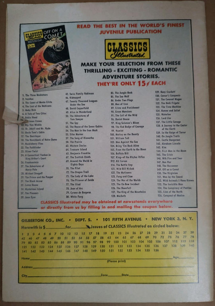 Classics Illustrated Classic Comics #157 Lives of the Hunted Edition #1 Comic Book Back Cover