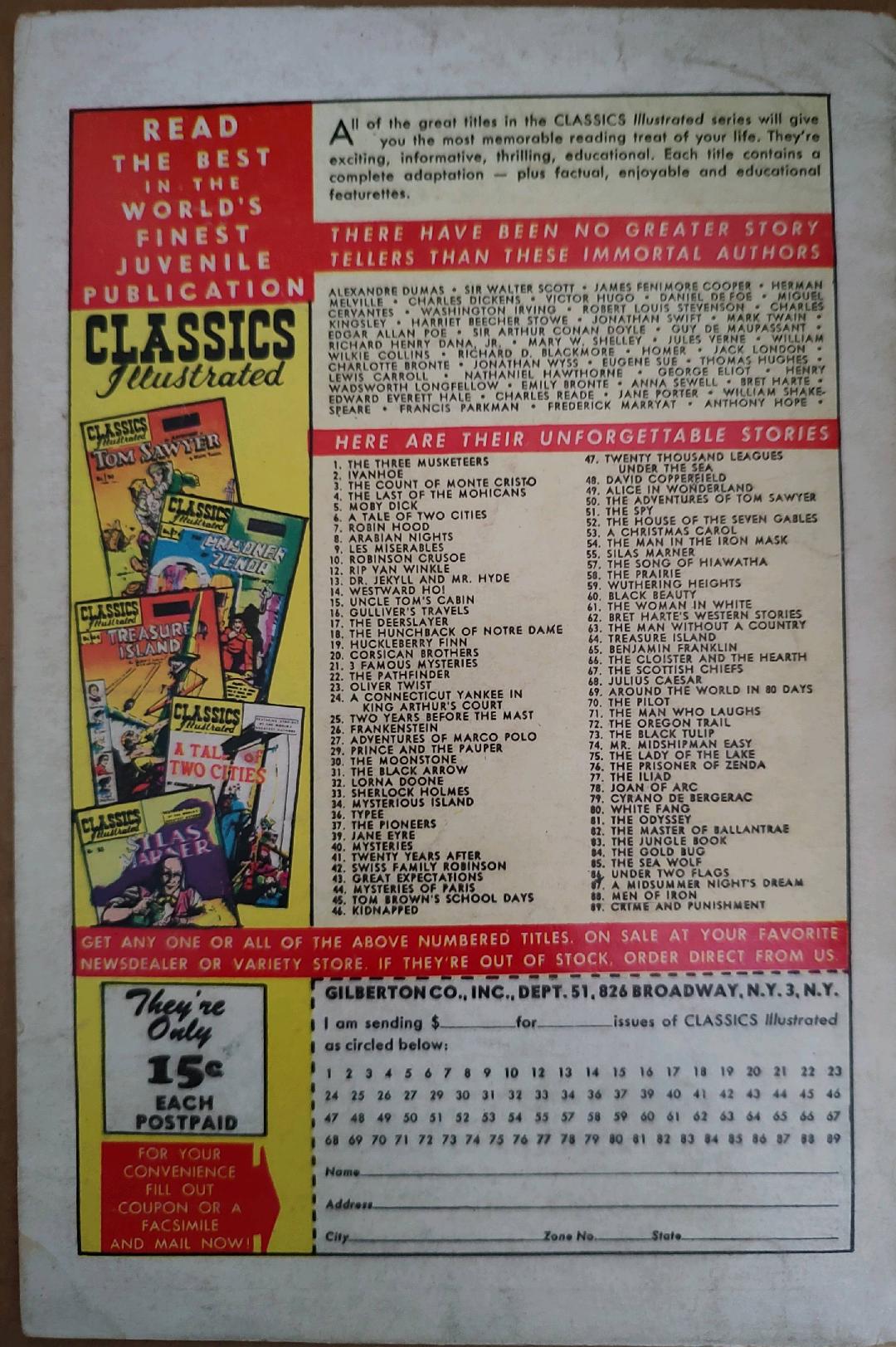 Classics Illustrated Classic Comics #52 Edition #2 The House of the Seven Gables Comic Book Back Cover