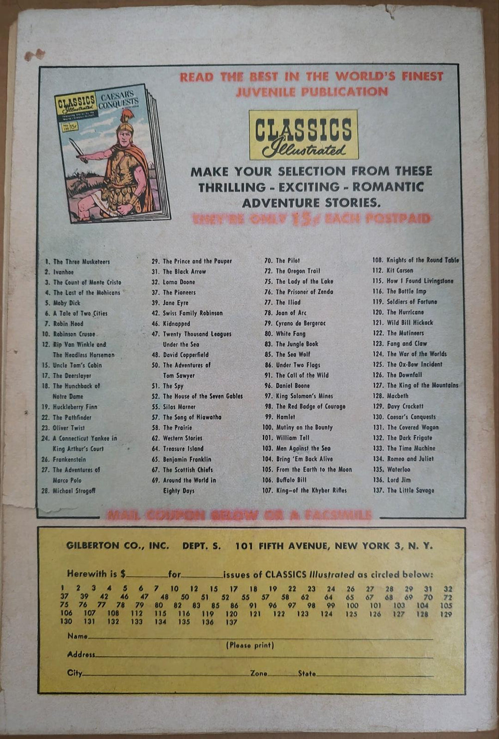 Classics Illustrated Classic Comics #62 Edition #4 Western Stories Comic Book Back Cover