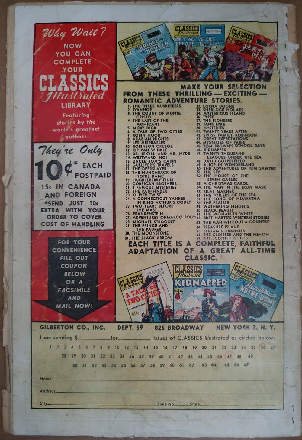 Classics Illustrated Classic Comics #66 The Cloister and the Hearth Edition #1 10 Cent Cover Comic Book Back Cover