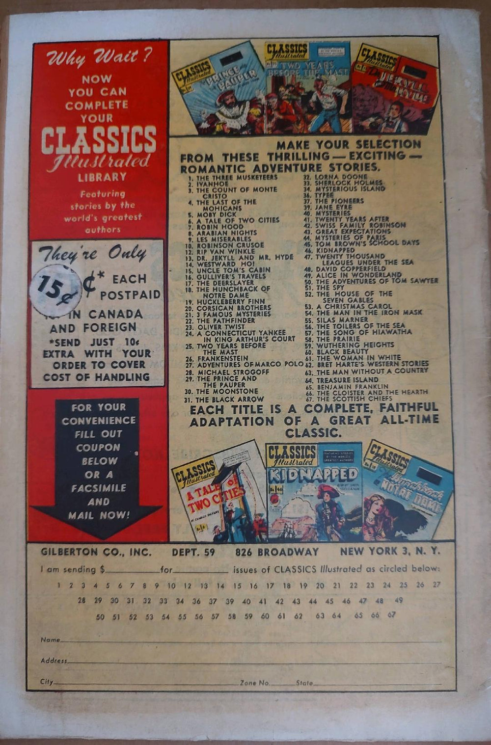 Classics Illustrated Classic Comics #66 The Cloister and the Hearth Edition #1 15 Cents Cover Comic Book