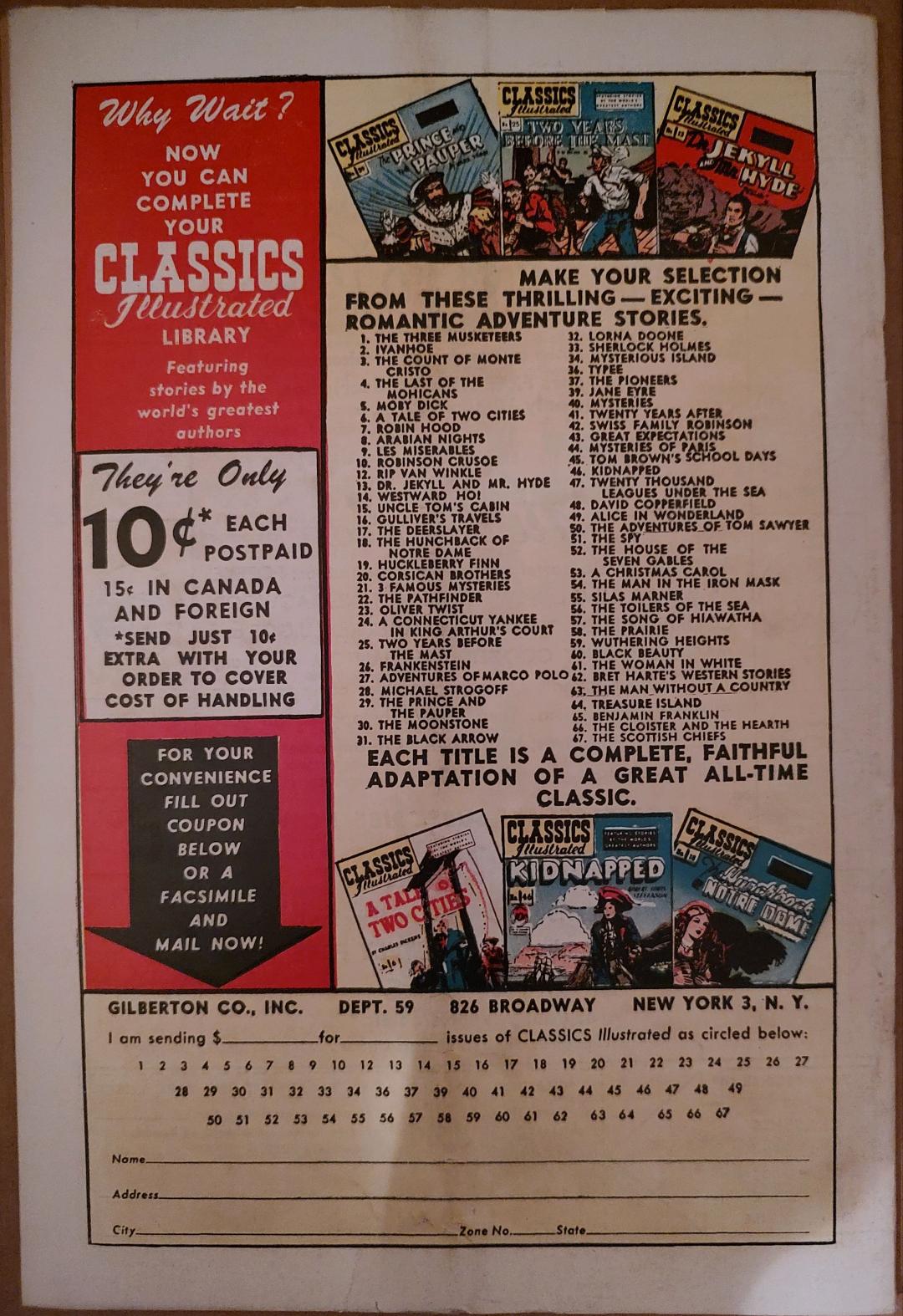 Classics Illustrated Classic Comics #67 Edition #1 The Scottish Chiefs Comic Book Back Cover