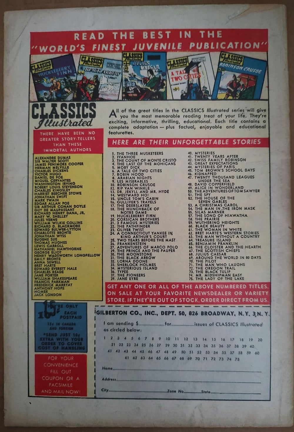 Classics Illustrated Classic Comics #74 Edition #1 Mr. Midshipman Easy Comic Book. Back Cover