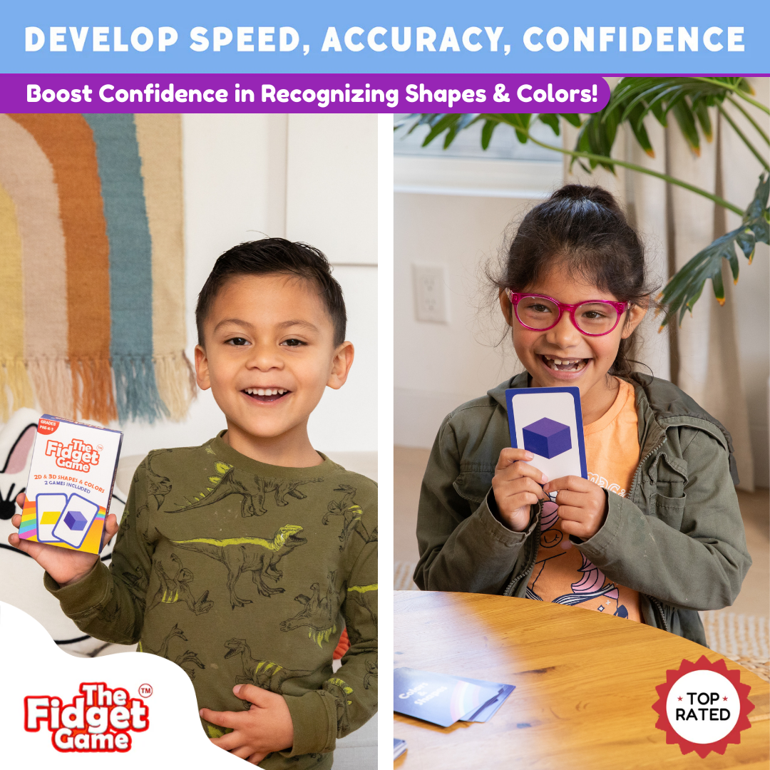 Two children playing with educational cards, promoting The Fidget Game to boost confidence in recognizing shapes and colors.