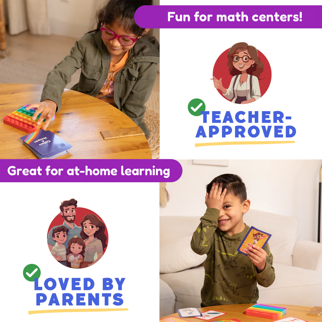 Children playing with educational materials, promoting math centers and at-home learning.