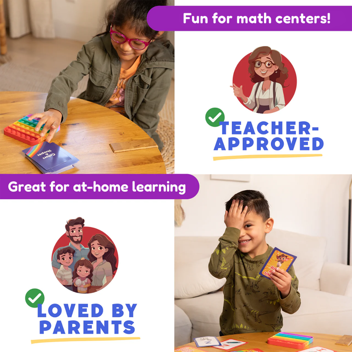 Children playing with educational materials, promoting math centers and at-home learning.