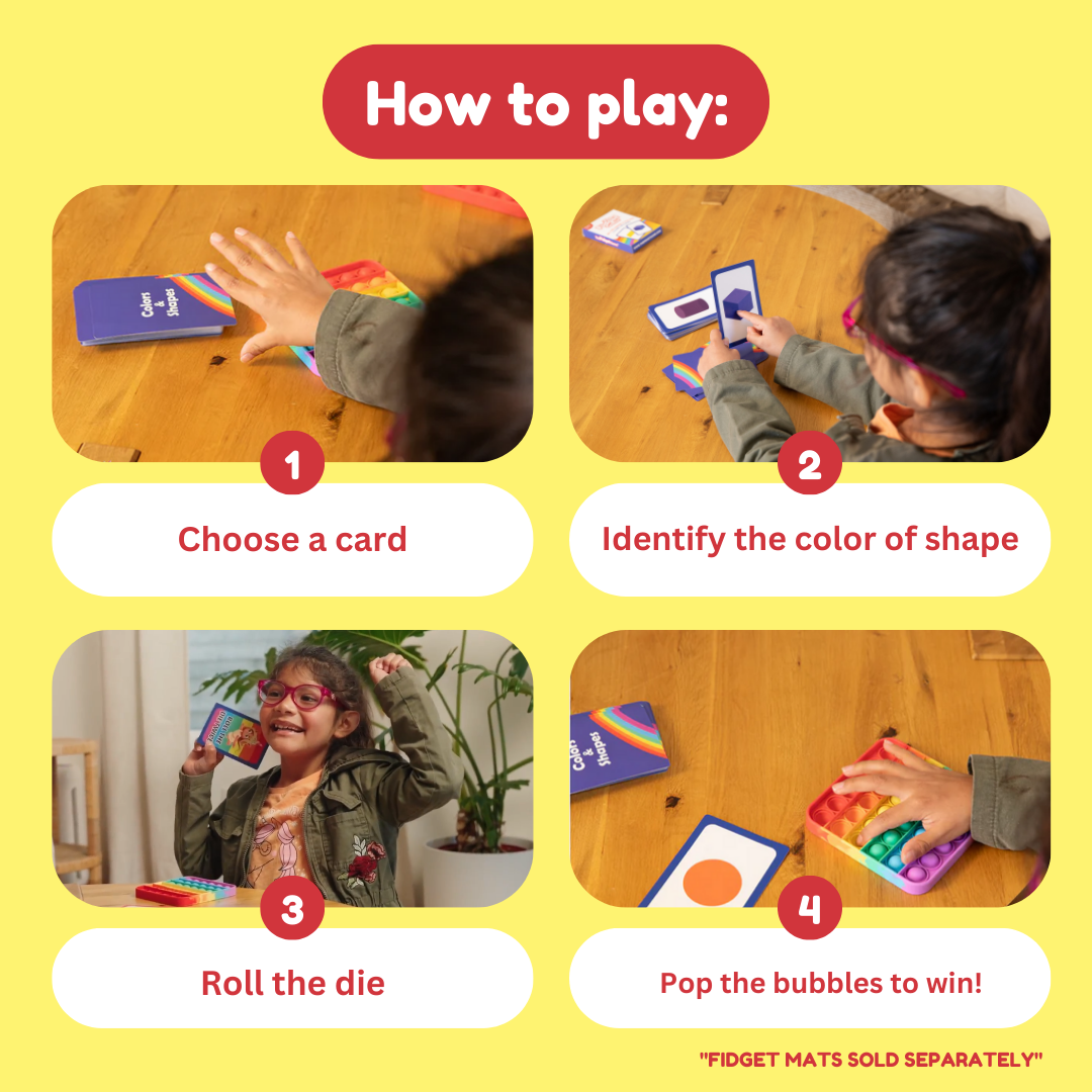 Instructions on how to play a game with cards, dice, and bubbles on a yellow background.