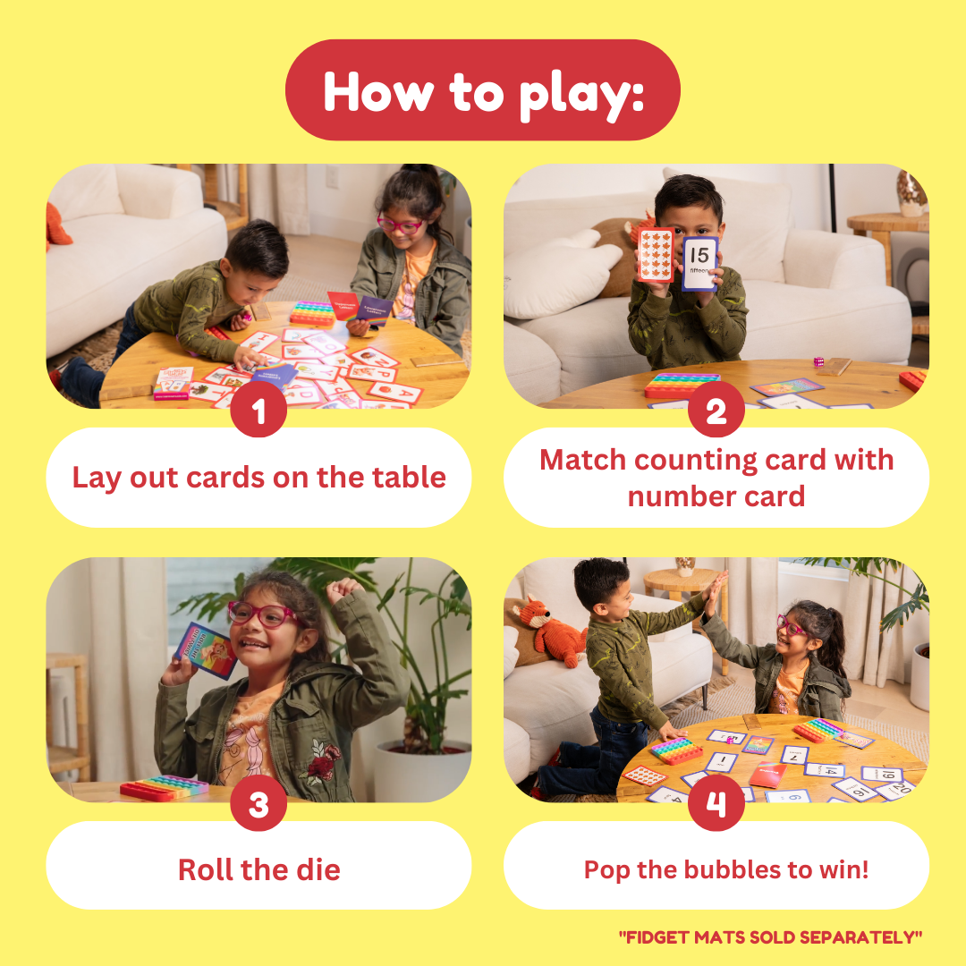 Instructions for a children's game with numbered cards and a die on a yellow background.