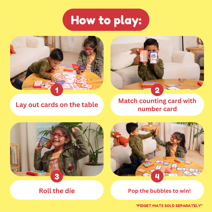 Instructions for a children's game with numbered cards and a die on a yellow background.