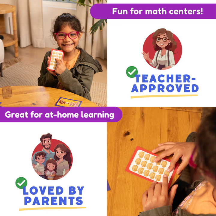 Children using educational math tools with text indicating fun for math centers, teacher approved, great for at home learning and loved by parents.