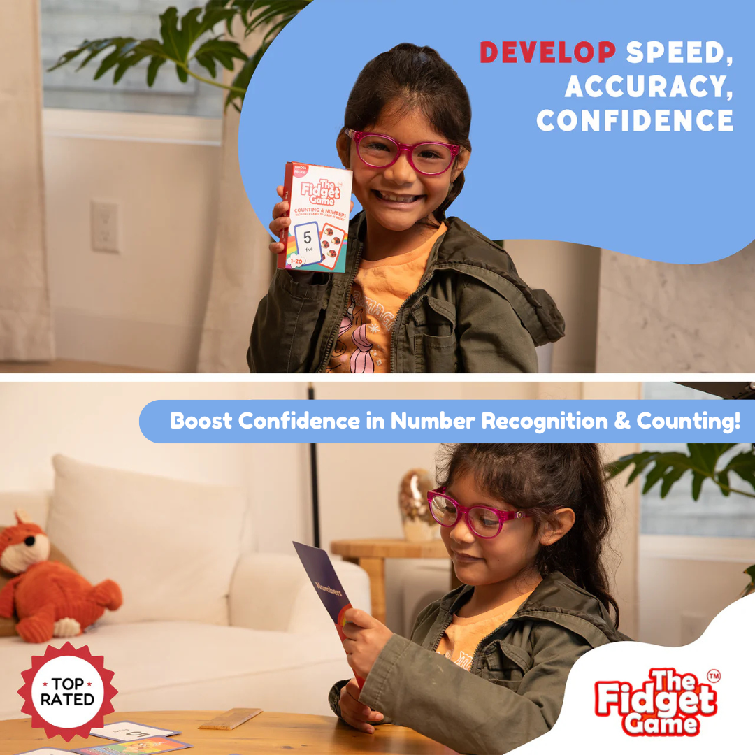 Child playing with educational game cards, promoting confidence in number recognition and counting.
