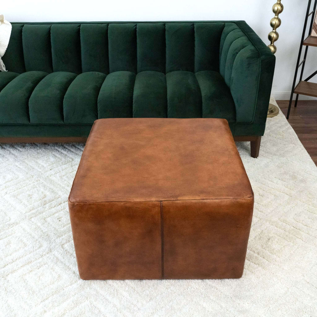 Mallory Mid-Century Square Genuine Leather Upholstered Ottoman In Tan 27.5" Zoomed In