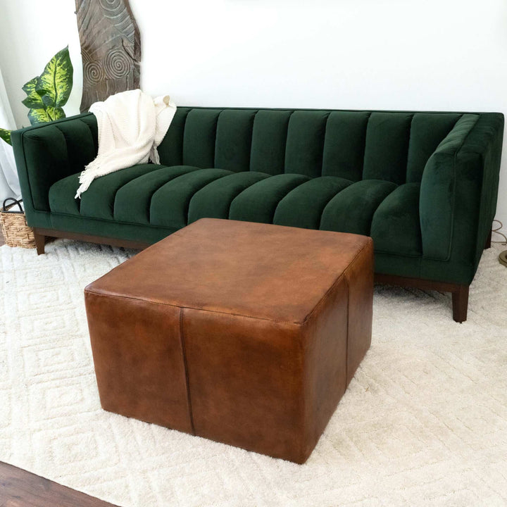 Mallory Mid-Century Square Genuine Leather Upholstered Ottoman In Tan 27.5" Left Angle View