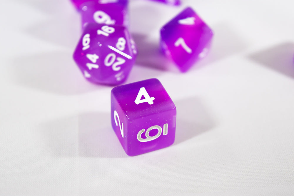 Translucent Purple Aurora Poly Dice Set Purple Violet (7) White Numbers New RPG DnD HDdice