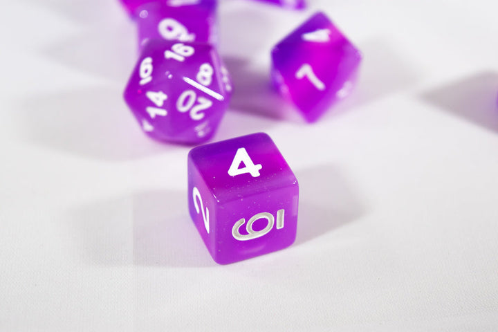 Translucent Purple Aurora Poly Dice Set Purple Violet (7) White Numbers New RPG DnD HDdice