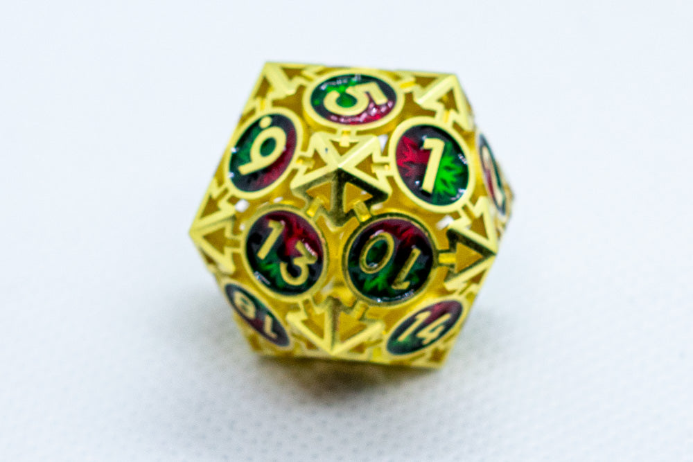Single d6/d20 Shiny Gold w/Red-Green Deadly Arrow Dice