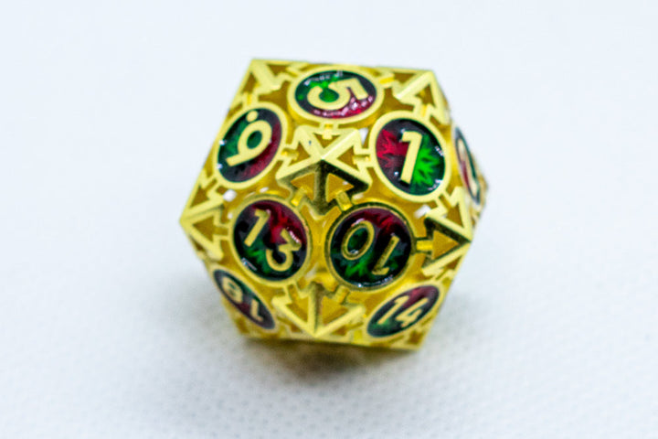 Single d6/d20 Shiny Gold w/Red-Green Deadly Arrow Dice