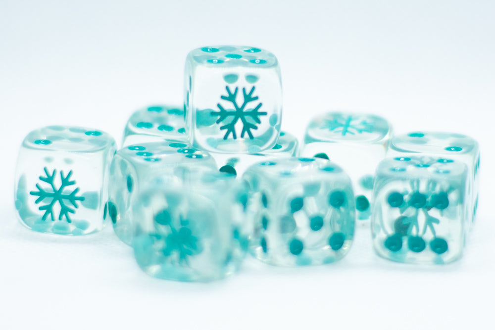 10-Pack Clear w/Teal 16mm d6 Dice Featuring a Snowflake on the '1' side
