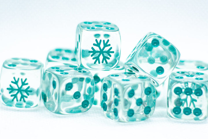 10-Pack Clear w/Teal 16mm d6 Dice Featuring a Snowflake on the '1' side