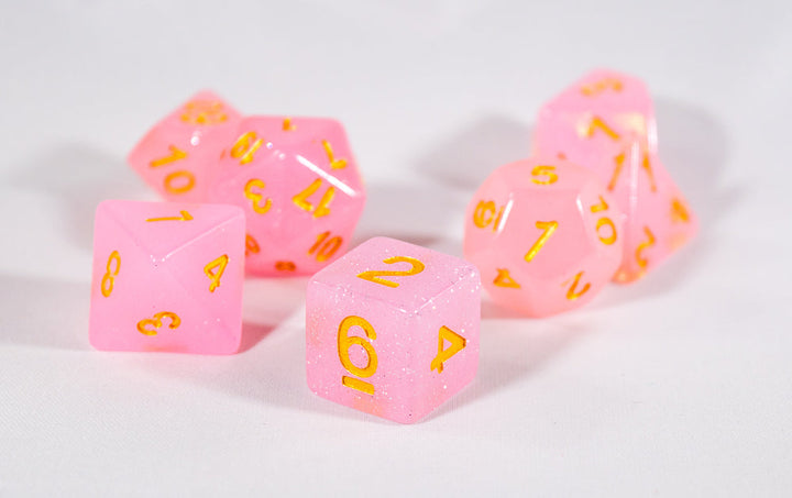 Sparkling Glitter Pink with Gold Numbers Poly Dice Set (7) RPG DnD HDdice