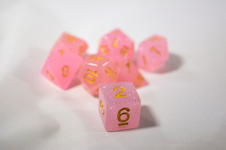 Sparkling Glitter Pink with Gold Numbers Poly Dice Set (7) RPG DnD HDdice