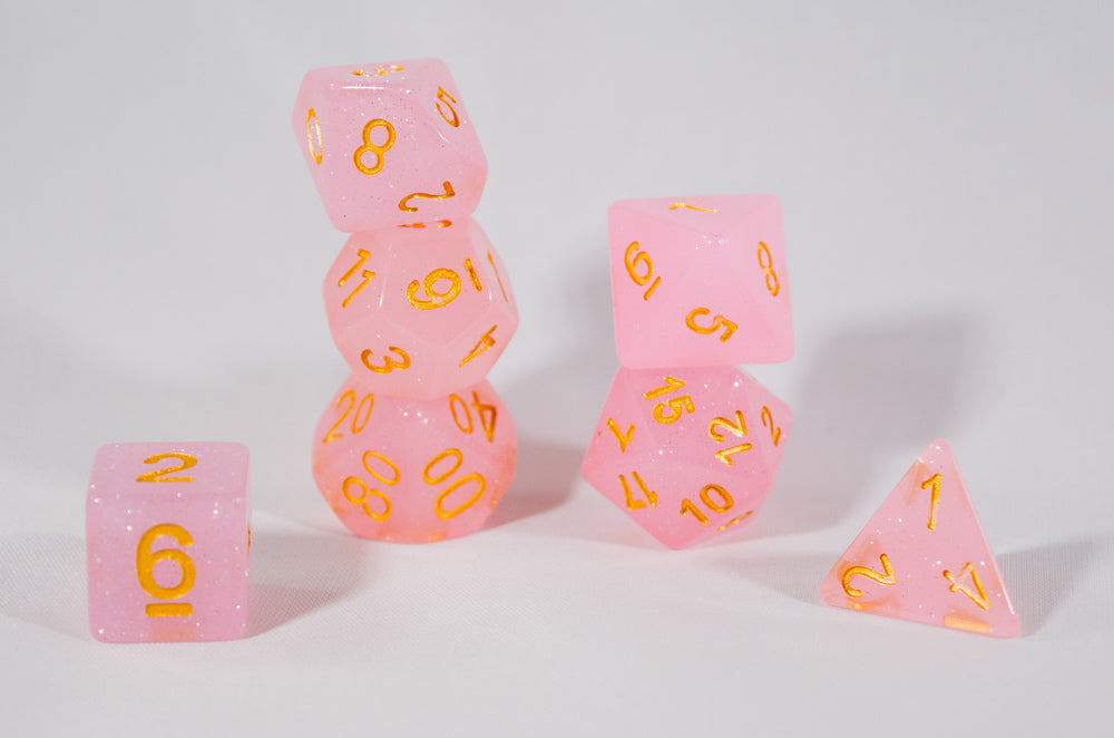 Sparkling Glitter Pink with Gold Numbers Poly Dice Set (7) RPG DnD HDdice