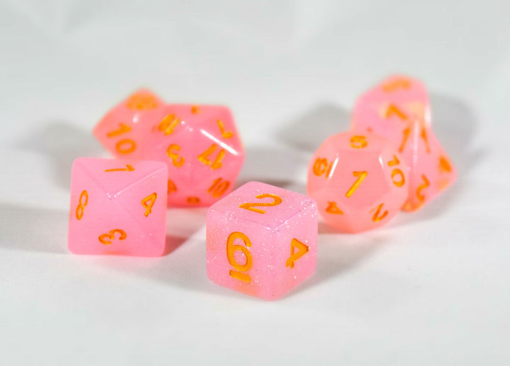 Sparkling Glitter Pink with Gold Numbers Poly Dice Set (7) RPG DnD HDdice