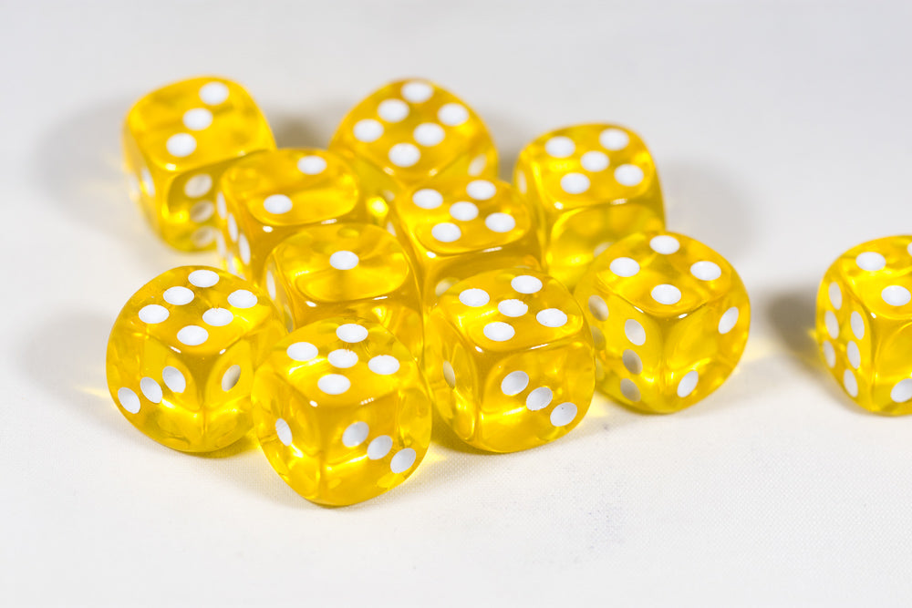 Translucent 16mm Pipped d6 Dice Red/Orange/Yellow/Green/Blue/Purple/Clear/Black/Pink (sold by the piece)