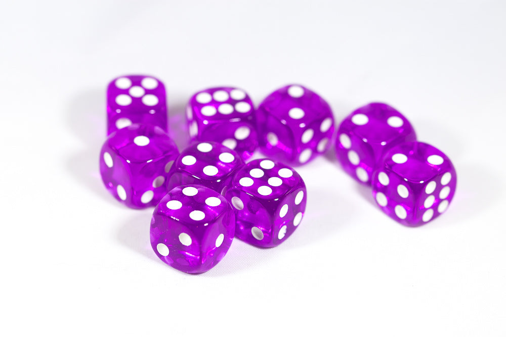 Translucent 16mm Pipped d6 Dice Red/Orange/Yellow/Green/Blue/Purple/Clear/Black/Pink (sold by the piece)