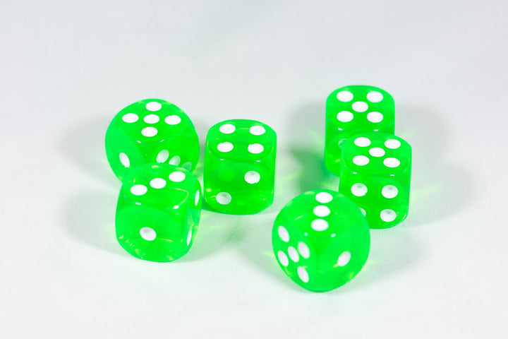 Translucent 16mm Pipped d6 Dice Red/Orange/Yellow/Green/Blue/Purple/Clear/Black/Pink (sold by the piece)