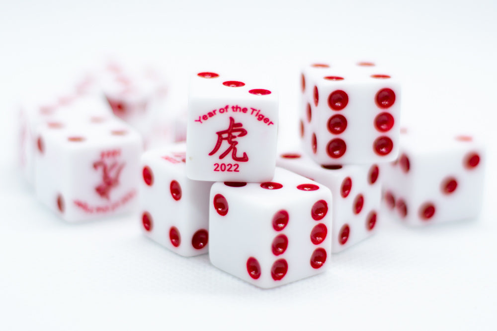 Year of the Tiger Opaque White w/Red 16mm d6 Dice on the '1' side (sold per die)
