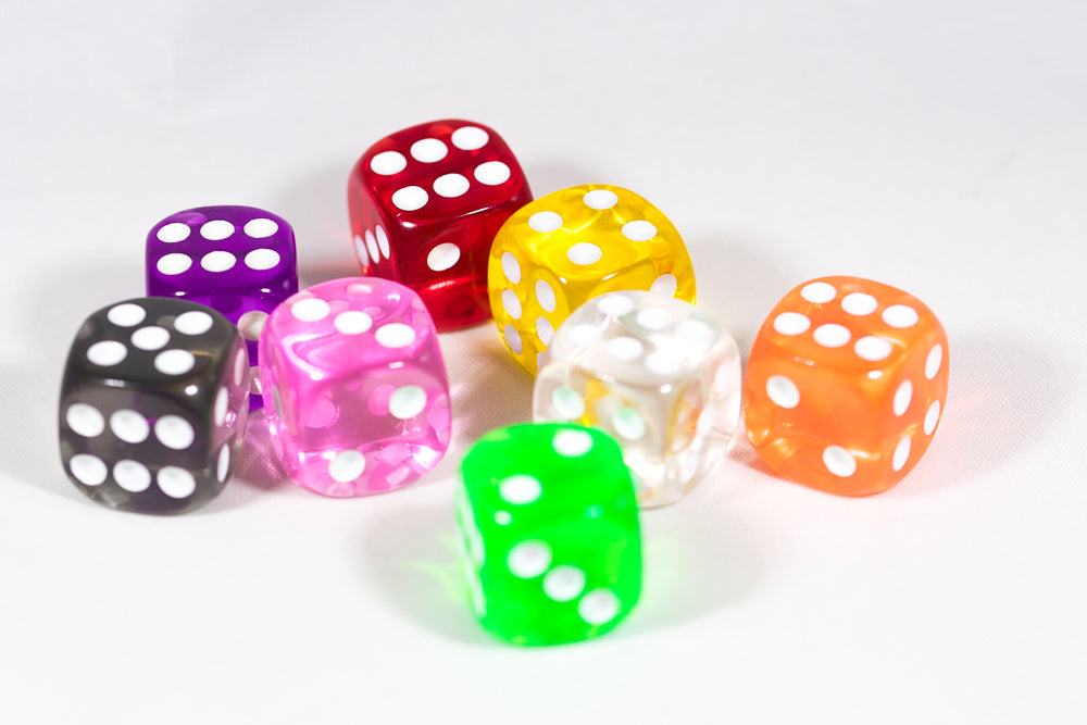 Translucent 16mm Pipped d6 Dice Red/Orange/Yellow/Green/Blue/Purple/Clear/Black/Pink (sold by the piece)