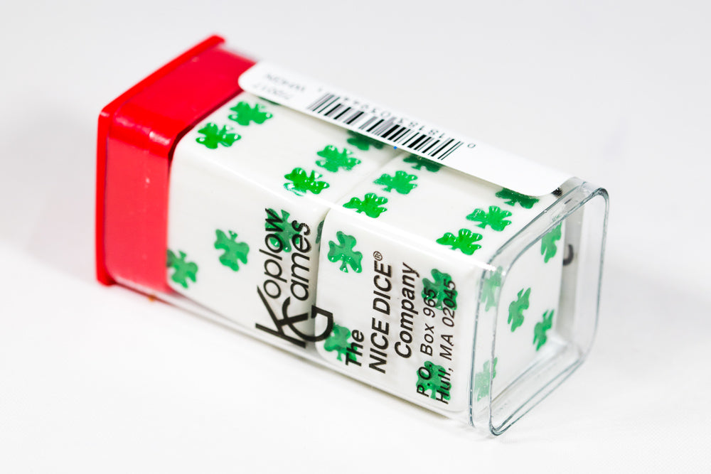 Lucky White Dice with Green Clovers Pair 25mm