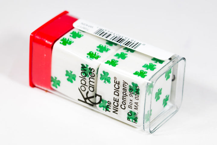 Lucky White Dice with Green Clovers Pair 25mm