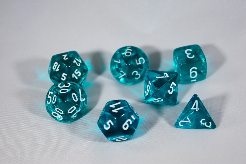 Translucent 7-Die Chessex Sets Made in Germany -Red, Blue, Green, Teal, Purple-