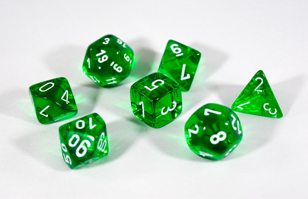 Translucent 7-Die Chessex Sets Made in Germany -Red, Blue, Green, Teal, Purple-