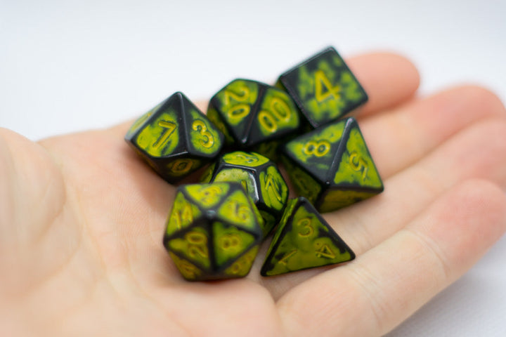 Sun Yellow Distressed Ancient 7-Dice Set Black w/Yellow Dnd Dice