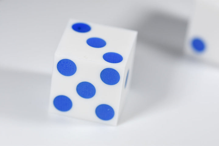 White Casino Dice w/ Blue Pips Rare 19mm Razor Edge