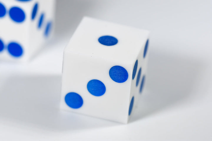 White Casino Dice w/ Blue Pips Rare 19mm Razor Edge