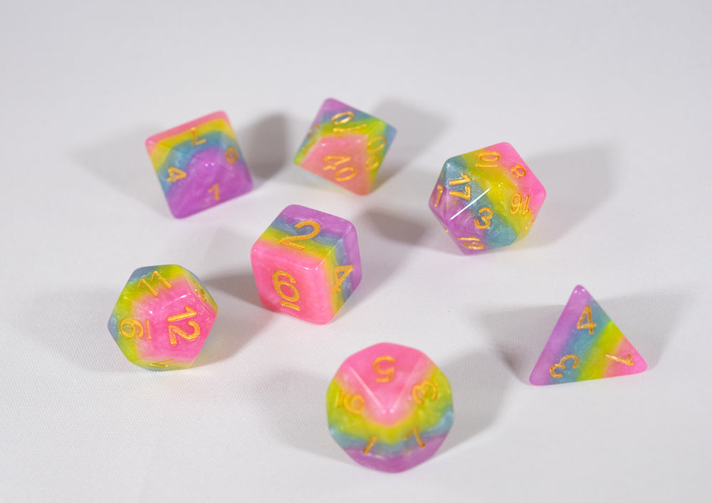 Opaque Festive Easter Purple Blue Poly Dice Set with Gold (7) RPG DnD HdDice