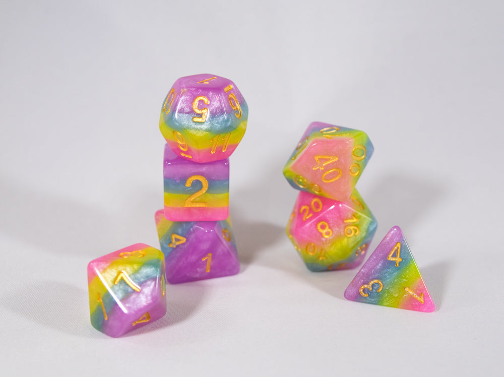 Opaque Festive Easter Purple Blue Poly Dice Set with Gold (7) RPG DnD HdDice