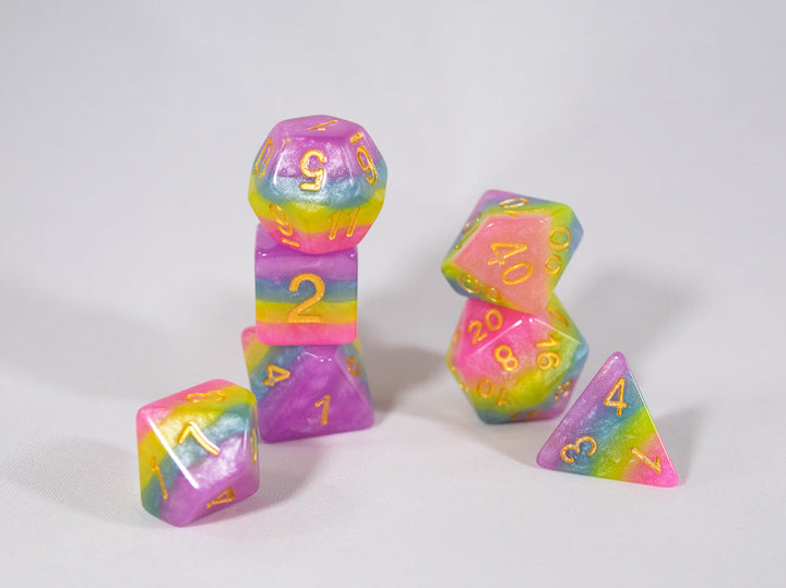 Opaque Festive Easter Purple Blue Poly Dice Set with Gold (7) RPG DnD HdDice