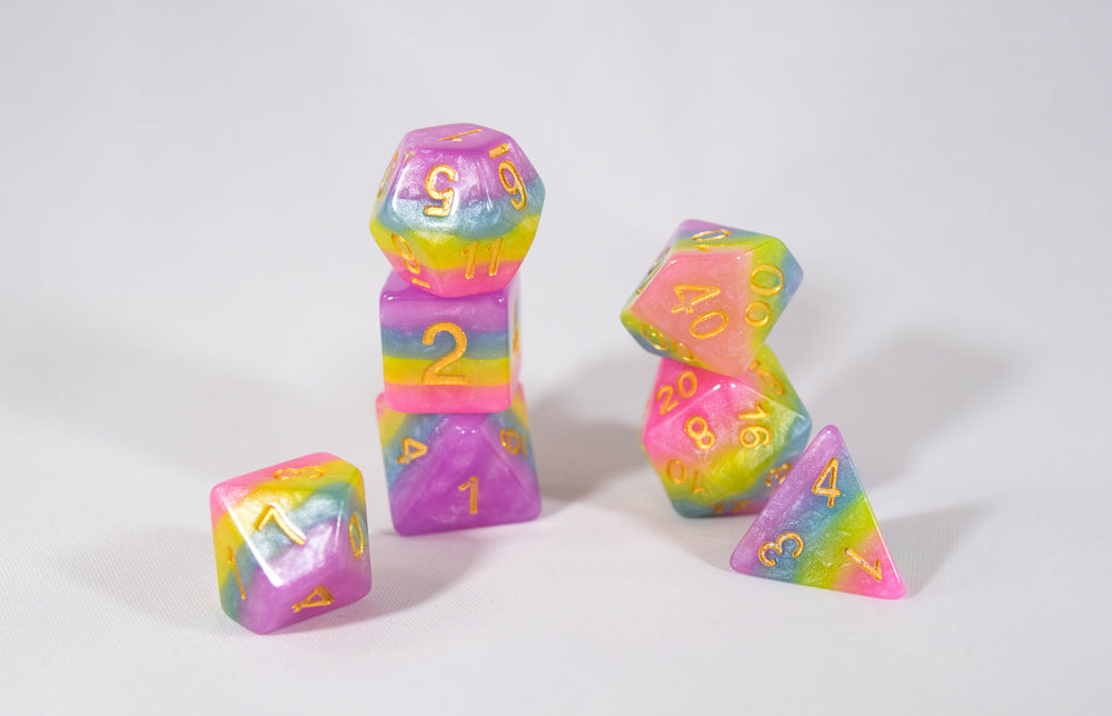 Opaque Festive Easter Purple Blue Poly Dice Set with Gold (7) RPG DnD HdDice
