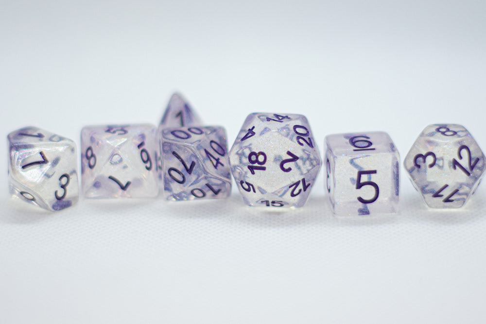 The Time Walker | Clear/purple Glitter 7-Dice Set RPG Dice Set w/Purple