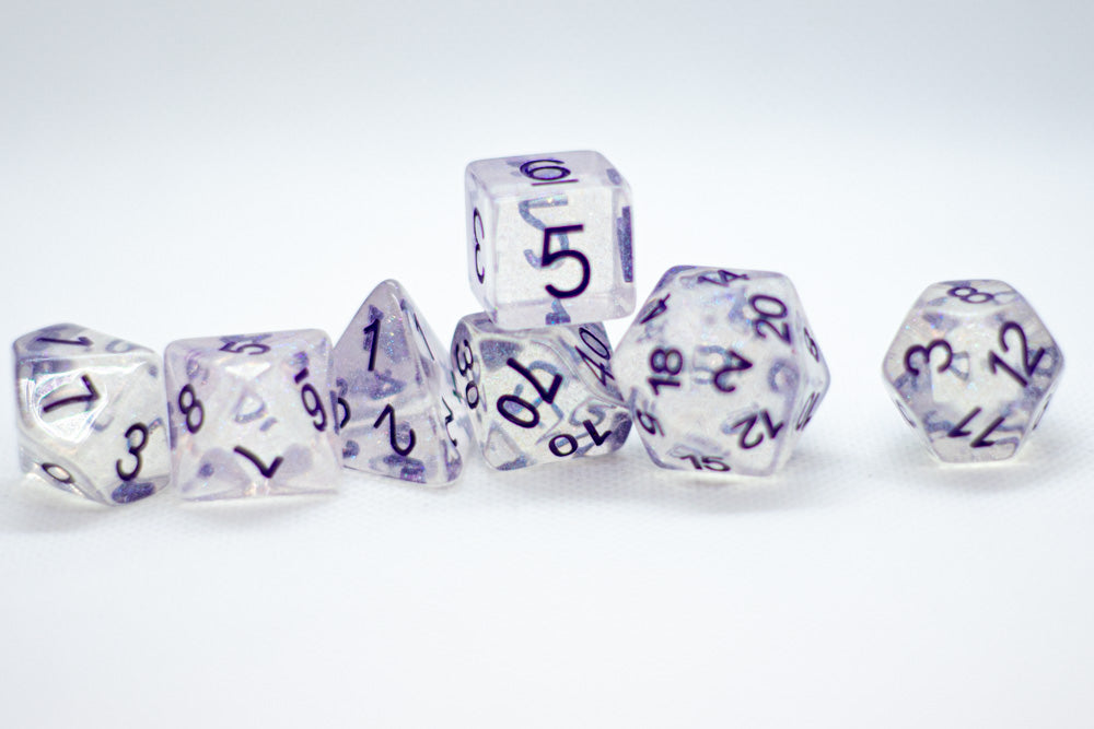 The Time Walker | Clear/purple Glitter 7-Dice Set RPG Dice Set w/Purple