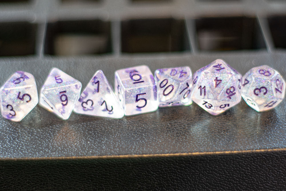 The Time Walker | Clear/purple Glitter 7-Dice Set RPG Dice Set w/Purple
