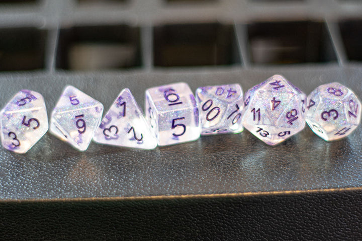 The Time Walker | Clear/purple Glitter 7-Dice Set RPG Dice Set w/Purple