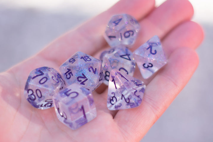 The Time Walker | Clear/purple Glitter 7-Dice Set RPG Dice Set w/Purple